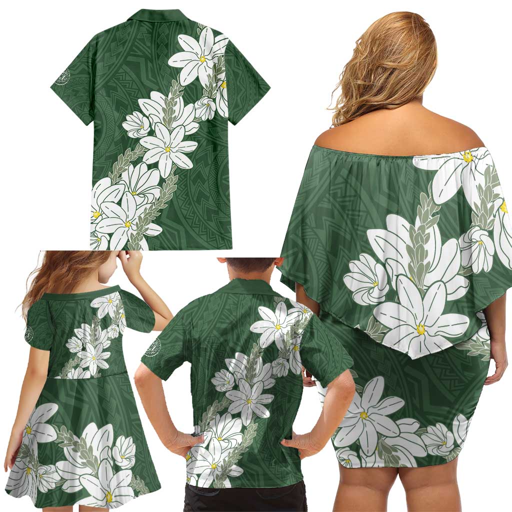 Ia Orana Tahiti Tiare Family Matching Off Shoulder Short Dress and Hawaiian Shirt Sage Green Lei LT7 - Polynesian Pride
