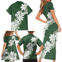 Ia Orana Tahiti Tiare Family Matching Short Sleeve Bodycon Dress and Hawaiian Shirt Sage Green Lei LT7 - Polynesian Pride