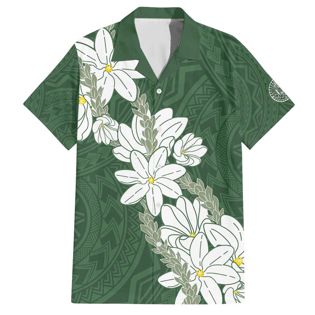 Ia Orana Tahiti Tiare Family Matching Summer Maxi Dress and Hawaiian Shirt Sage Green Lei LT7 Dad's Shirt - Short Sleeve Sage Green - Polynesian Pride