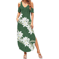 Ia Orana Tahiti Tiare Family Matching Summer Maxi Dress and Hawaiian Shirt Sage Green Lei LT7 Mom's Dress Sage Green - Polynesian Pride