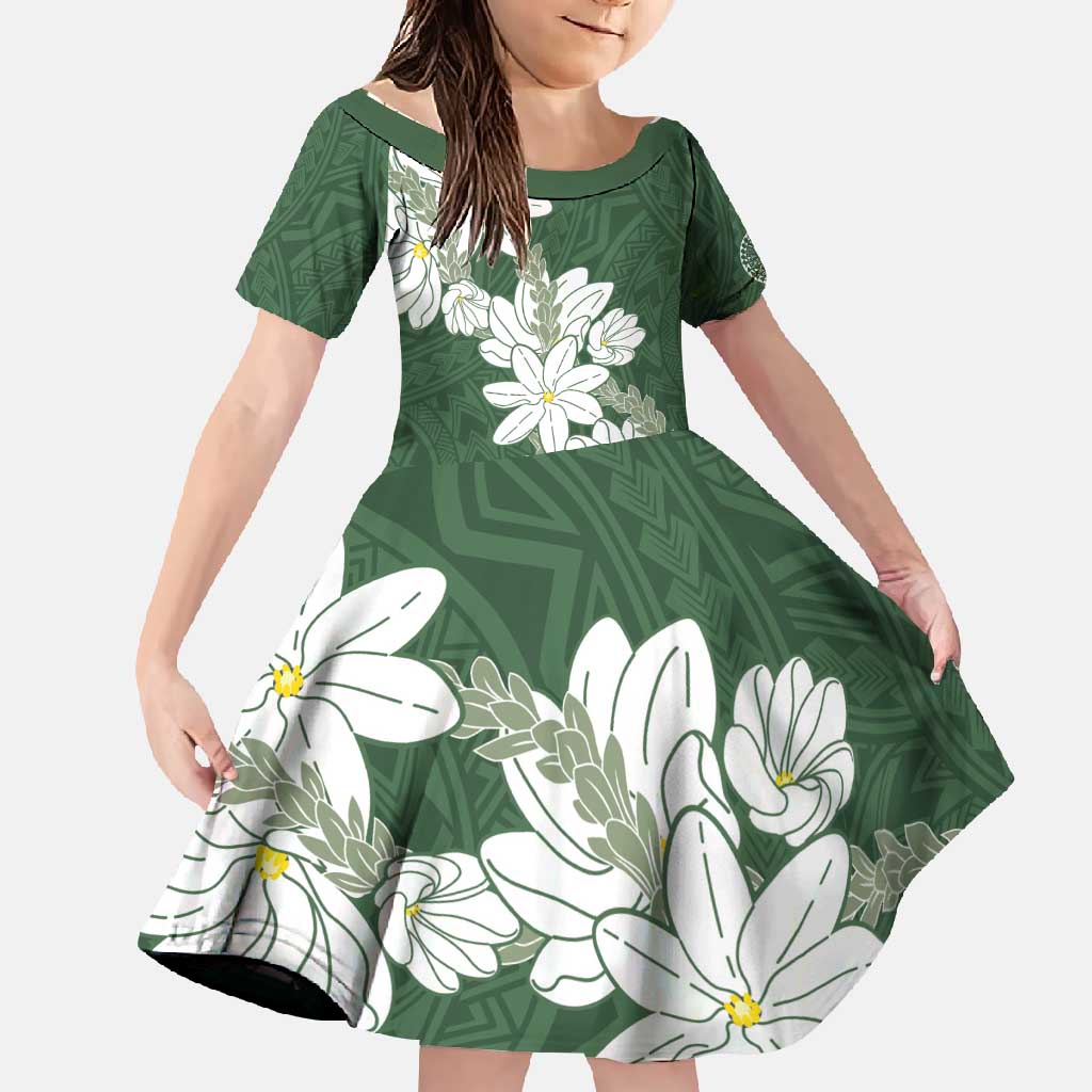 Ia Orana Tahiti Tiare Family Matching Tank Maxi Dress and Hawaiian Shirt Sage Green Lei LT7 Daughter's Dress Sage Green - Polynesian Pride