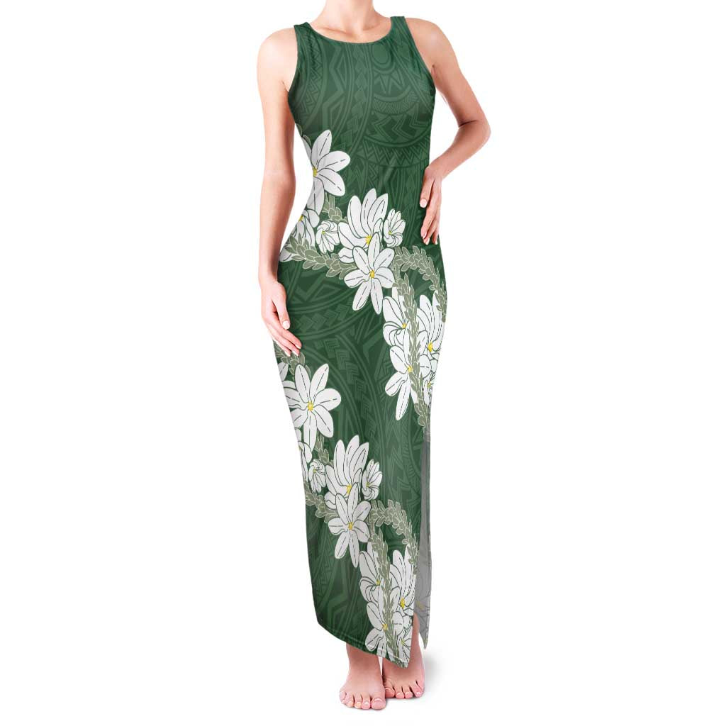 Ia Orana Tahiti Tiare Family Matching Tank Maxi Dress and Hawaiian Shirt Sage Green Lei LT7 Mom's Dress Sage Green - Polynesian Pride