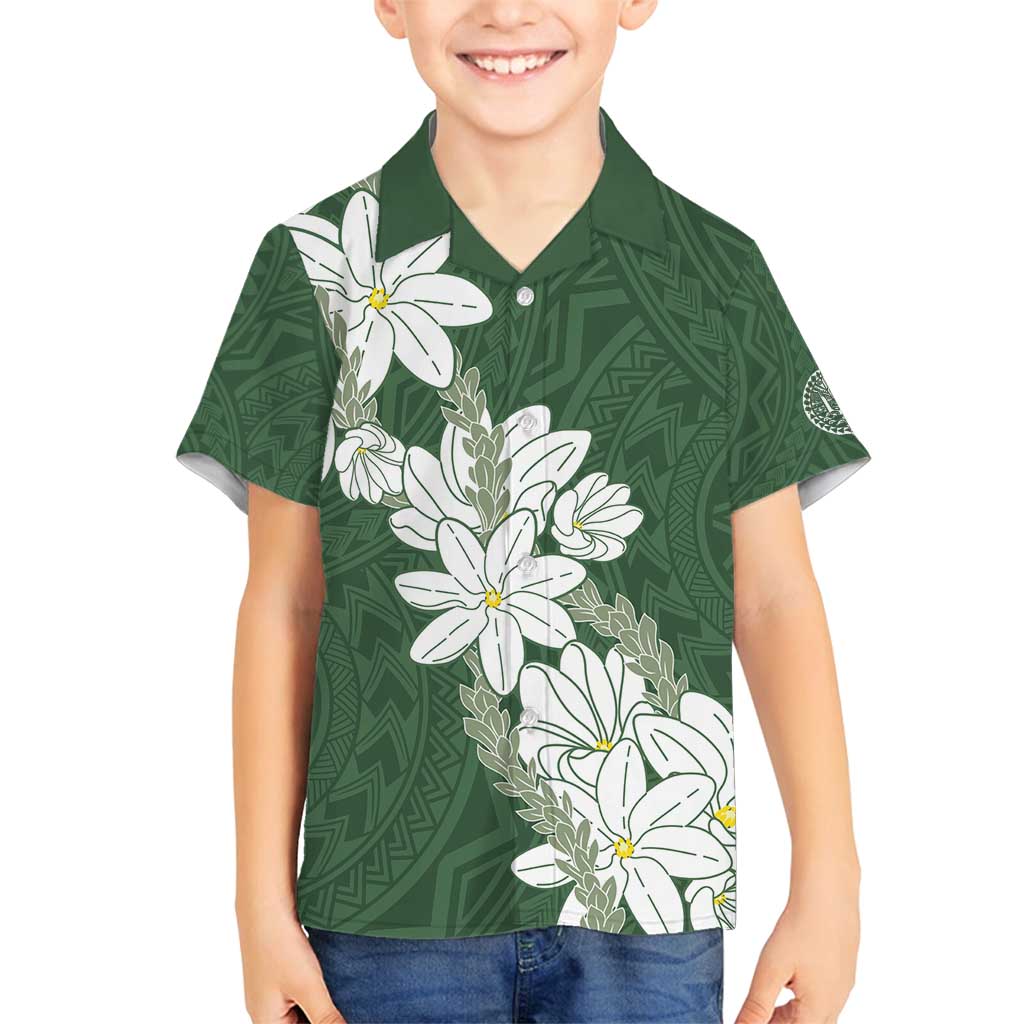 Ia Orana Tahiti Tiare Family Matching Tank Maxi Dress and Hawaiian Shirt Sage Green Lei LT7 Son's Shirt Sage Green - Polynesian Pride
