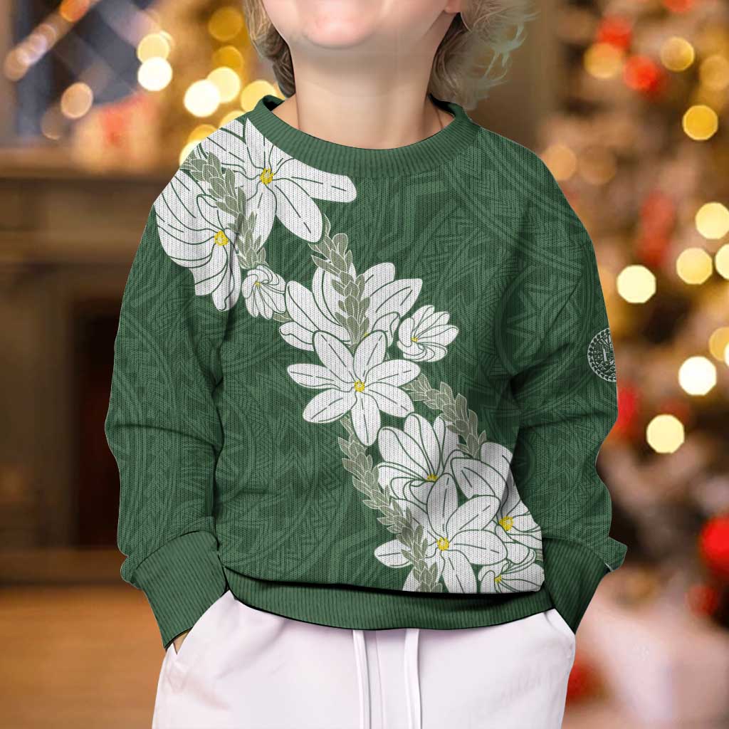 Ia Orana Tahiti Tiare Kid Ugly Christmas Sweater Sage Green Lei - Polynesian Pride