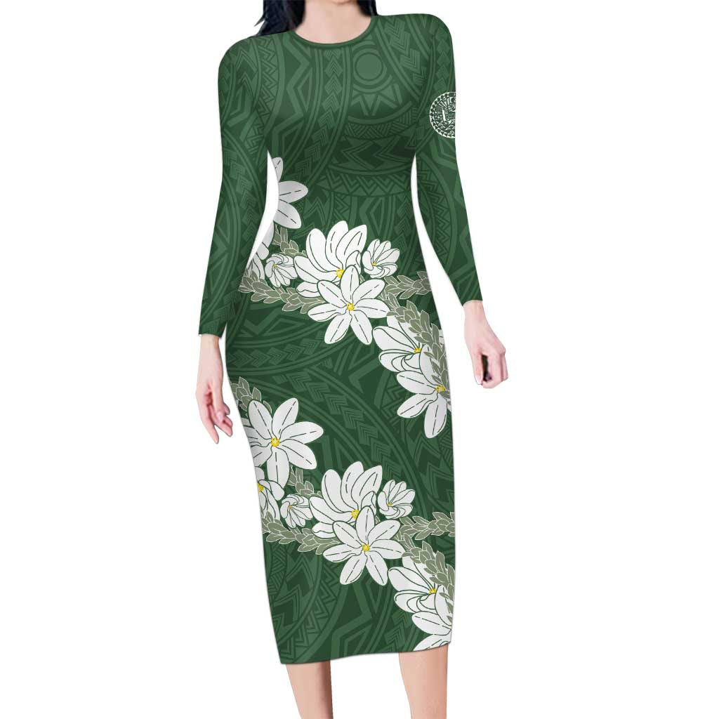 Ia Orana Tahiti Tiare Long Sleeve Bodycon Dress Sage Green Lei LT7 Long Dress Sage Green - Polynesian Pride