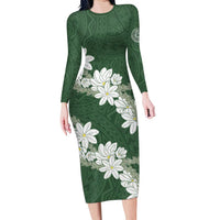 Ia Orana Tahiti Tiare Long Sleeve Bodycon Dress Sage Green Lei LT7 Long Dress Sage Green - Polynesian Pride