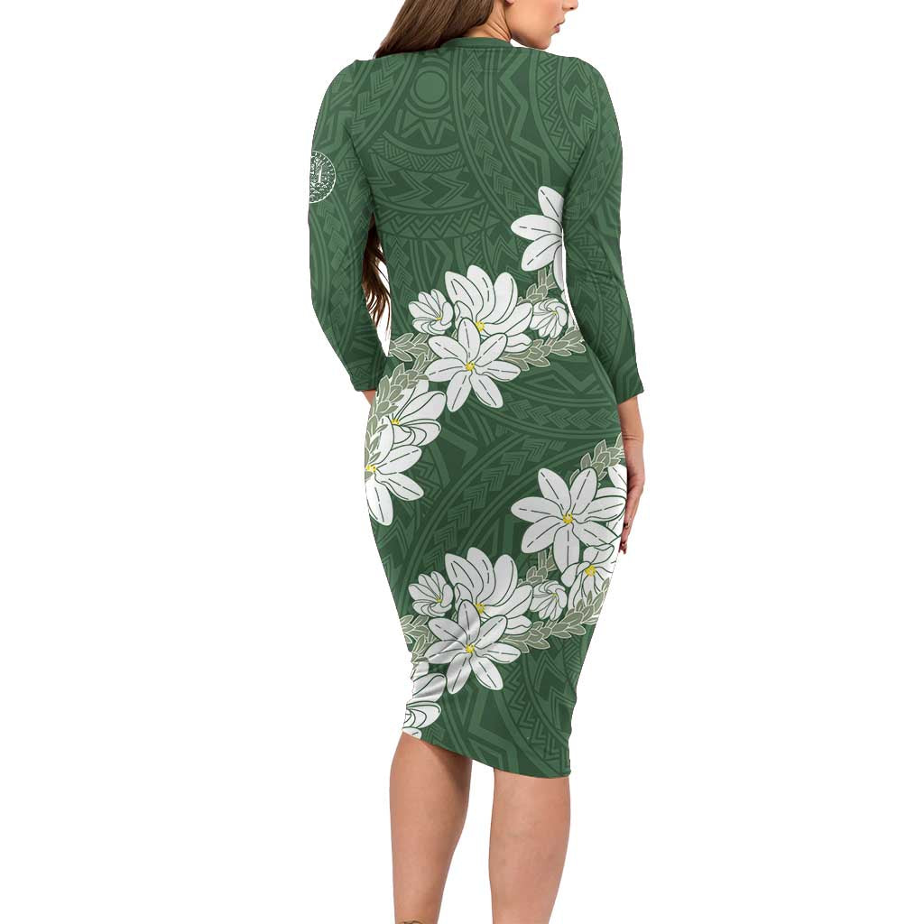 Ia Orana Tahiti Tiare Long Sleeve Bodycon Dress Sage Green Lei LT7 - Polynesian Pride
