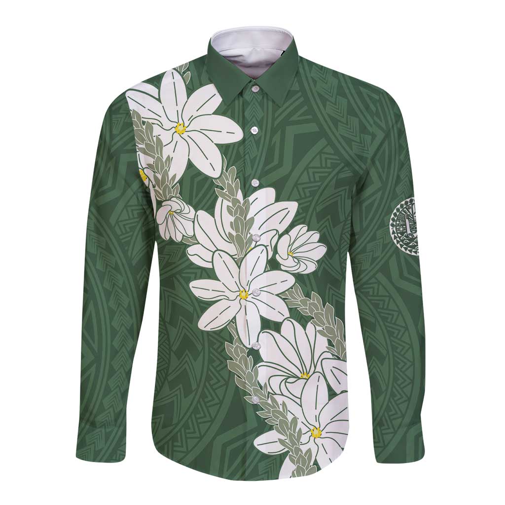 Ia Orana Tahiti Tiare Long Sleeve Button Shirt Sage Green Lei - Polynesian Pride