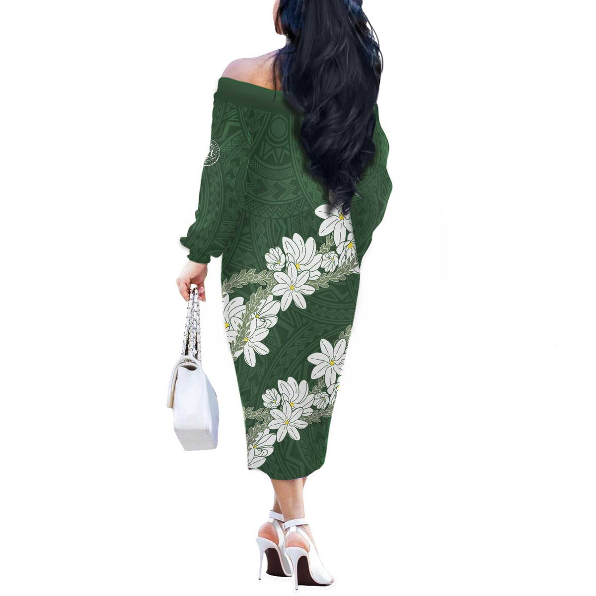 Ia Orana Tahiti Tiare Off The Shoulder Long Sleeve Dress Sage Green Lei LT7 - Polynesian Pride