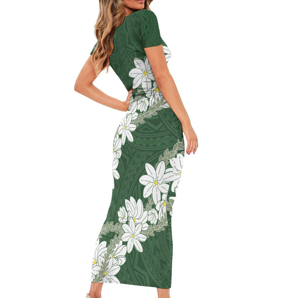 Ia Orana Tahiti Tiare Short Sleeve Bodycon Dress Sage Green Lei LT7 - Polynesian Pride