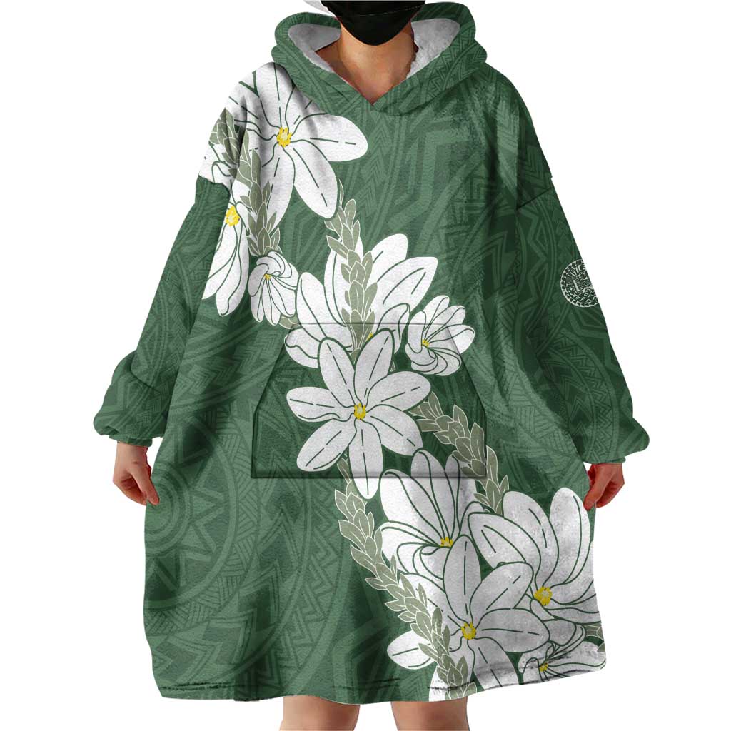 Ia Orana Tahiti Tiare Wearable Blanket Hoodie Sage Green Lei LT7 - Polynesian Pride
