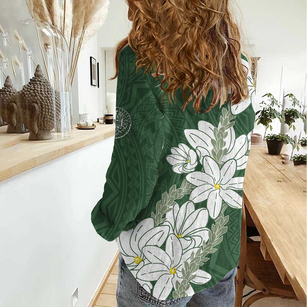 Ia Orana Tahiti Tiare Women Casual Shirt Sage Green Lei - Polynesian Pride