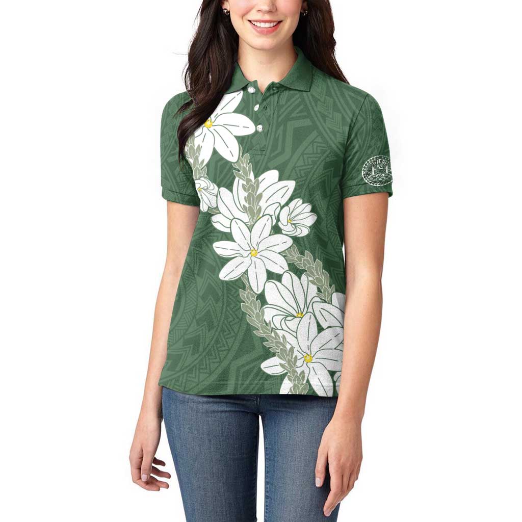 Ia Orana Tahiti Tiare Women Polo Shirt Sage Green Lei - Polynesian Pride