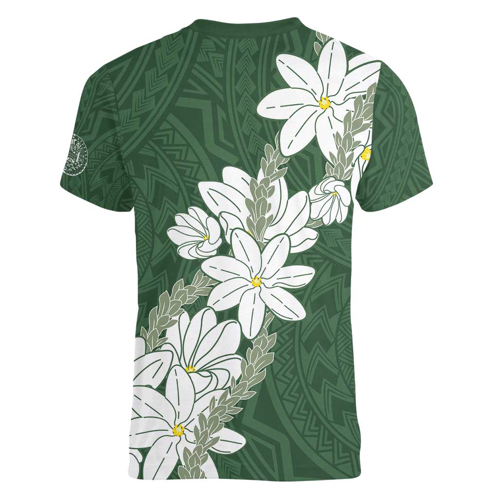 Ia Orana Tahiti Tiare Women V-Neck T-Shirt Sage Green Lei LT7 - Polynesian Pride