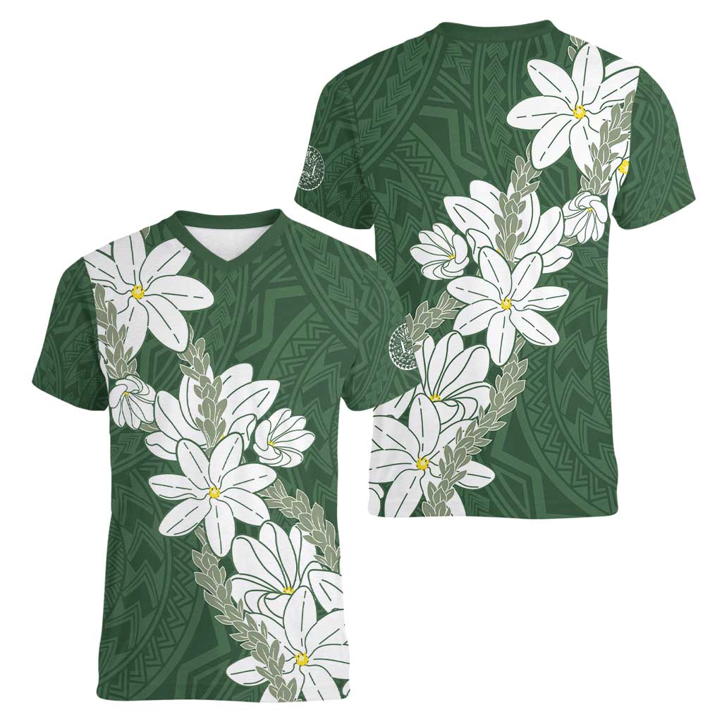 Ia Orana Tahiti Tiare Women V-Neck T-Shirt Sage Green Lei LT7 - Polynesian Pride