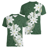 Ia Orana Tahiti Tiare Women V-Neck T-Shirt Sage Green Lei LT7 - Polynesian Pride