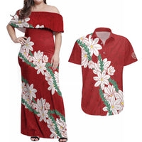 Ia Orana Tahiti Tiare Couples Matching Off Shoulder Maxi Dress and Hawaiian Shirt Crimson Lei LT7 Red - Polynesian Pride
