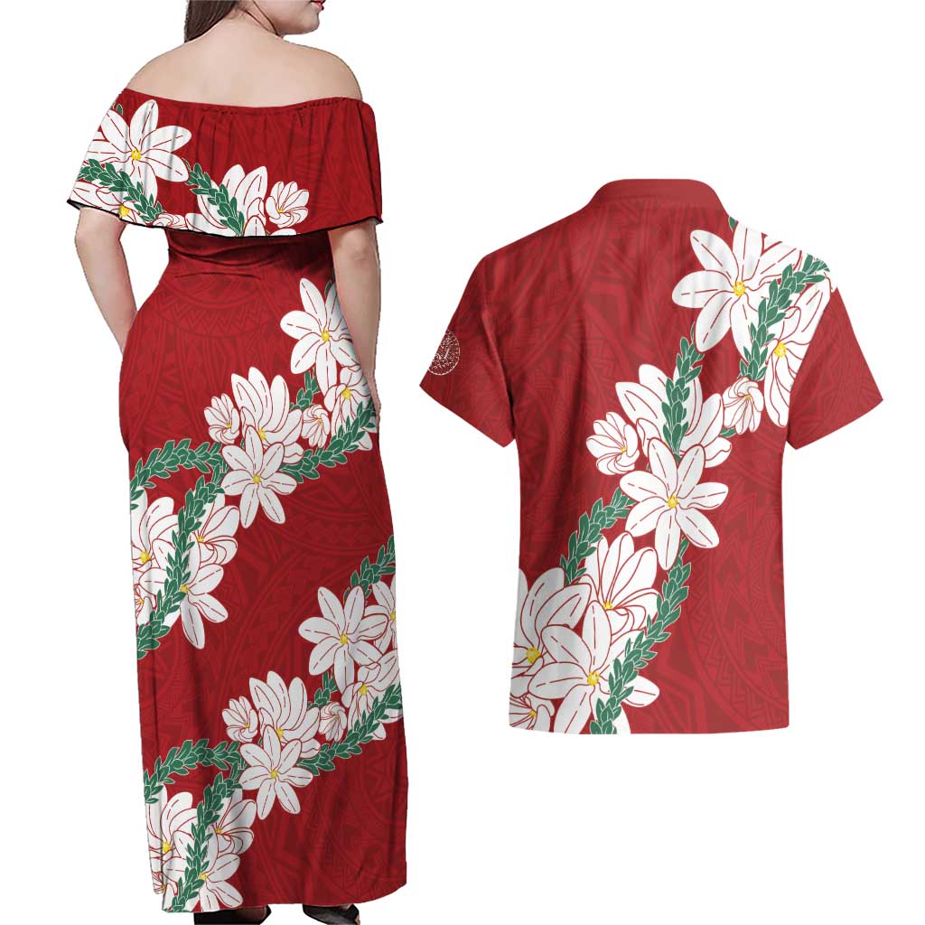 Ia Orana Tahiti Tiare Couples Matching Off Shoulder Maxi Dress and Hawaiian Shirt Crimson Lei LT7 - Polynesian Pride