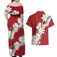 Ia Orana Tahiti Tiare Couples Matching Off Shoulder Maxi Dress and Hawaiian Shirt Crimson Lei LT7 - Polynesian Pride