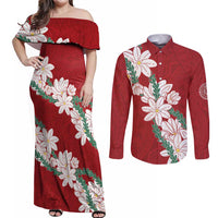 Ia Orana Tahiti Tiare Couples Matching Off Shoulder Maxi Dress and Long Sleeve Button Shirt Crimson Lei LT7 Red - Polynesian Pride