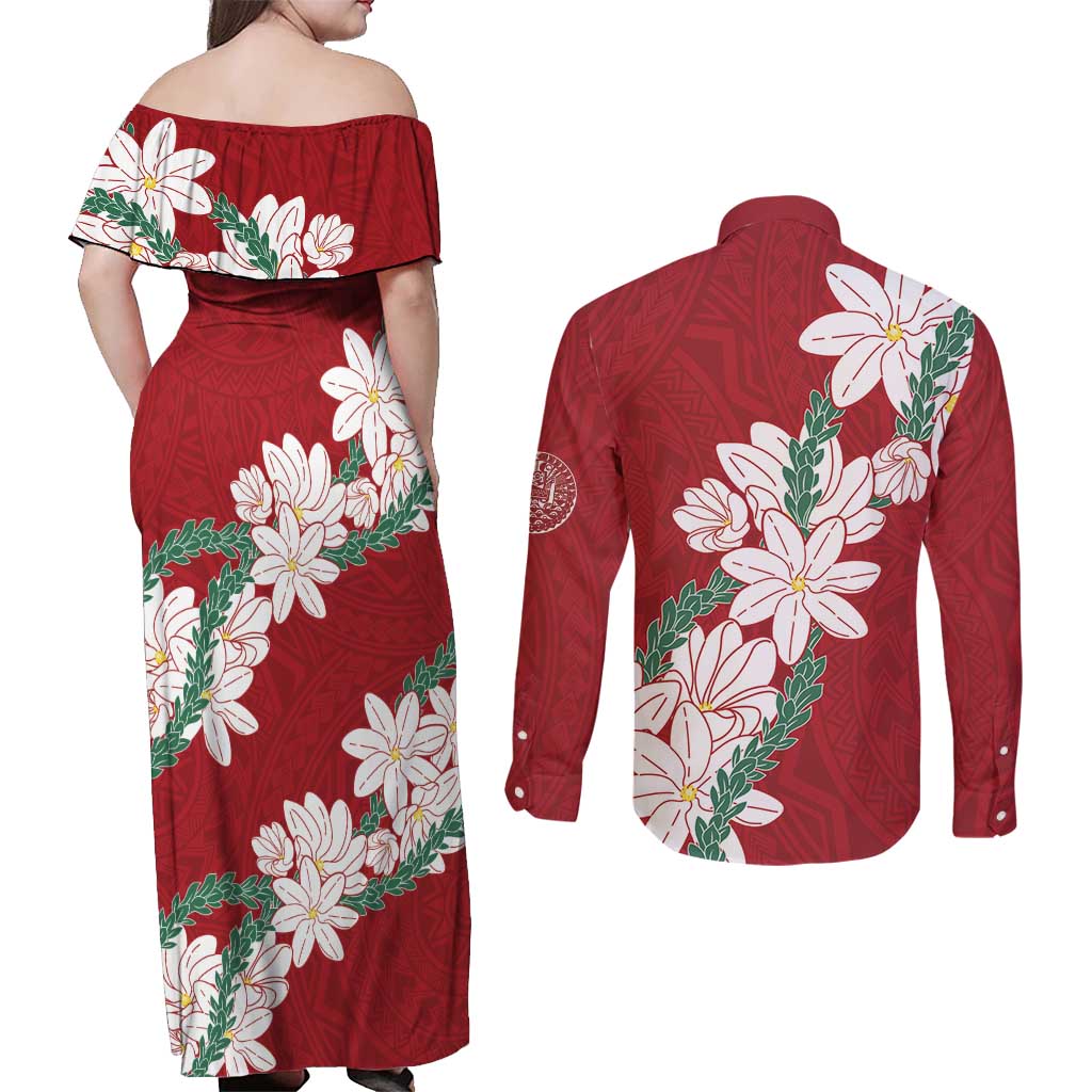 Ia Orana Tahiti Tiare Couples Matching Off Shoulder Maxi Dress and Long Sleeve Button Shirt Crimson Lei LT7 - Polynesian Pride
