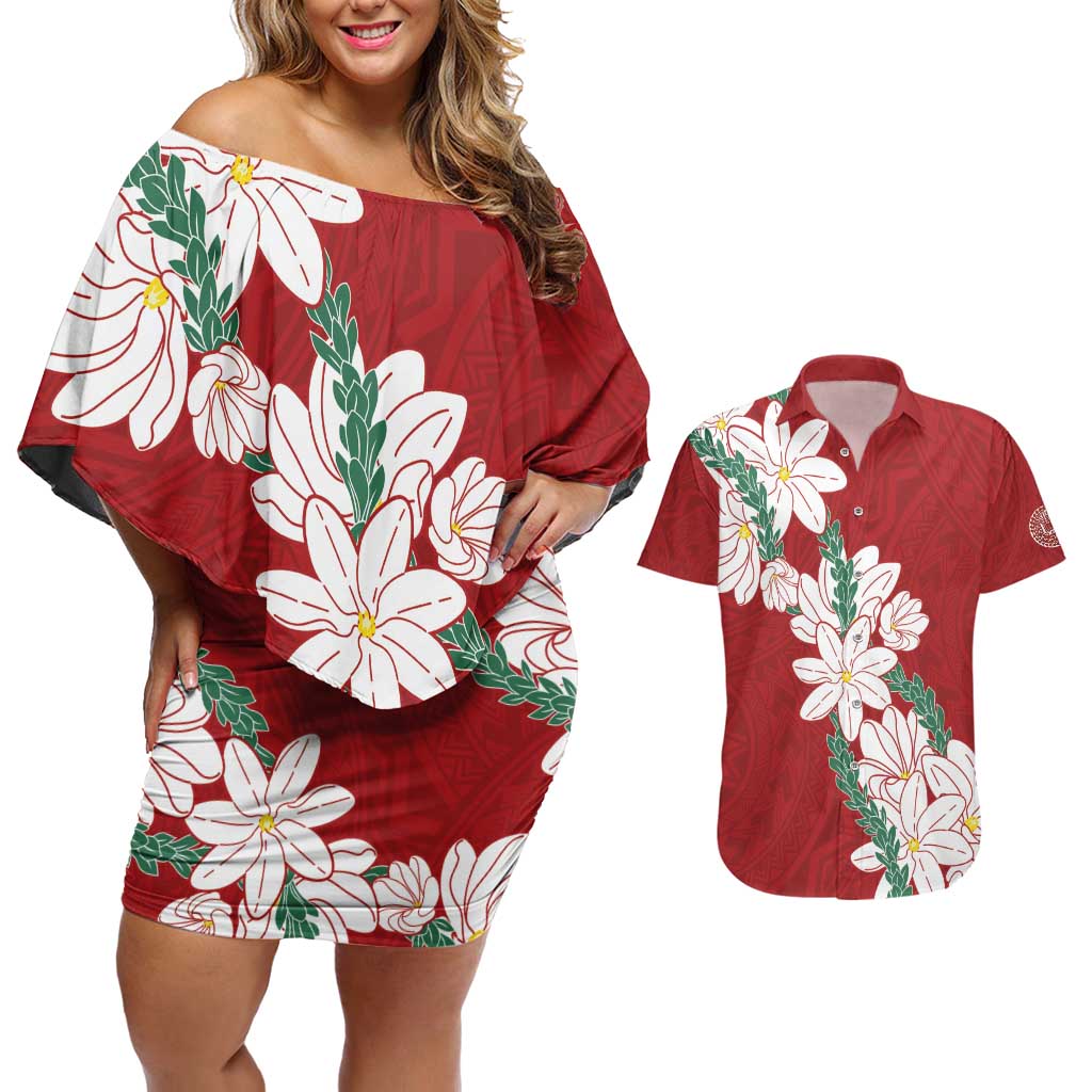 Ia Orana Tahiti Tiare Couples Matching Off Shoulder Short Dress and Hawaiian Shirt Crimson Lei LT7 Red - Polynesian Pride