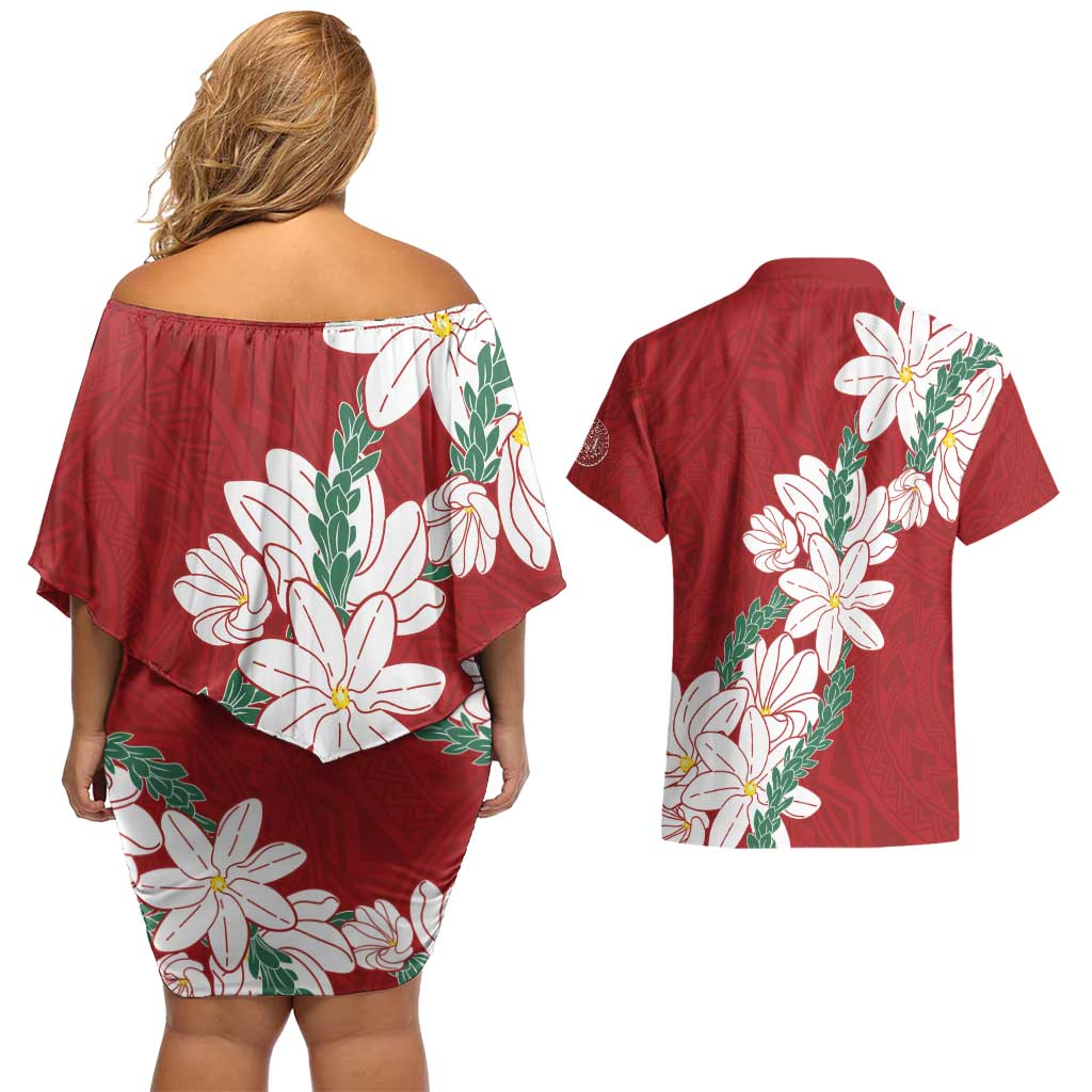 Ia Orana Tahiti Tiare Couples Matching Off Shoulder Short Dress and Hawaiian Shirt Crimson Lei LT7 - Polynesian Pride