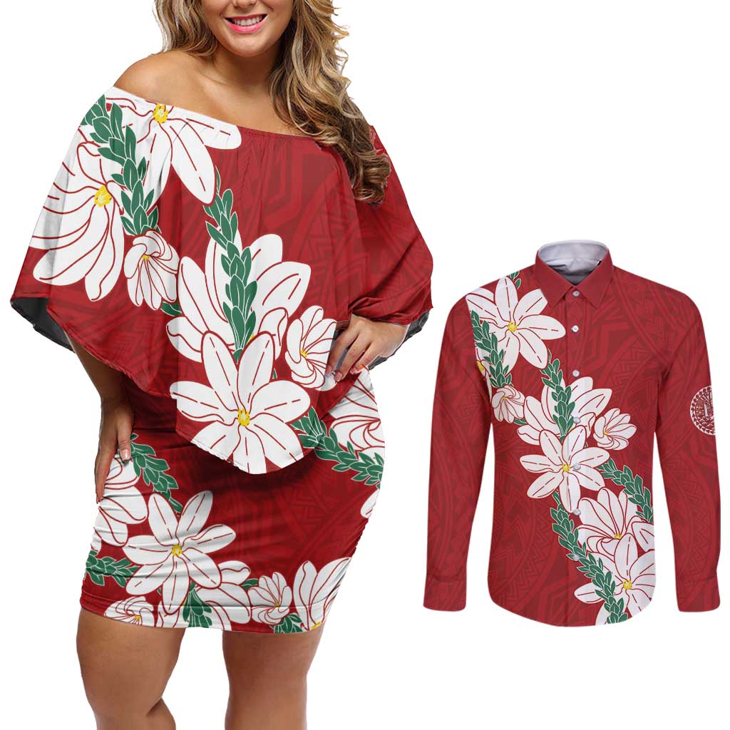 Ia Orana Tahiti Tiare Couples Matching Off Shoulder Short Dress and Long Sleeve Button Shirt Crimson Lei LT7 Red - Polynesian Pride