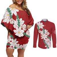 Ia Orana Tahiti Tiare Couples Matching Off Shoulder Short Dress and Long Sleeve Button Shirt Crimson Lei LT7 Red - Polynesian Pride