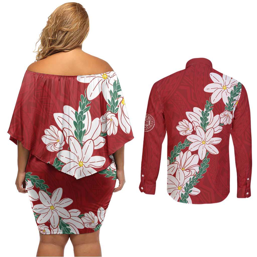 Ia Orana Tahiti Tiare Couples Matching Off Shoulder Short Dress and Long Sleeve Button Shirt Crimson Lei LT7 - Polynesian Pride