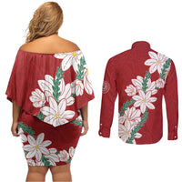 Ia Orana Tahiti Tiare Couples Matching Off Shoulder Short Dress and Long Sleeve Button Shirt Crimson Lei LT7 - Polynesian Pride