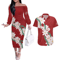 Ia Orana Tahiti Tiare Couples Matching Off The Shoulder Long Sleeve Dress and Hawaiian Shirt Crimson Lei LT7 Red - Polynesian Pride