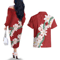 Ia Orana Tahiti Tiare Couples Matching Off The Shoulder Long Sleeve Dress and Hawaiian Shirt Crimson Lei LT7 - Polynesian Pride