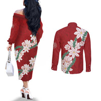 Ia Orana Tahiti Tiare Couples Matching Off The Shoulder Long Sleeve Dress and Long Sleeve Button Shirt Crimson Lei LT7 - Polynesian Pride