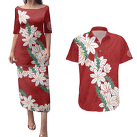Ia Orana Tahiti Tiare Couples Matching Puletasi and Hawaiian Shirt Crimson Lei LT7 Red - Polynesian Pride