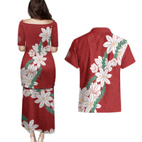 Ia Orana Tahiti Tiare Couples Matching Puletasi and Hawaiian Shirt Crimson Lei LT7 - Polynesian Pride