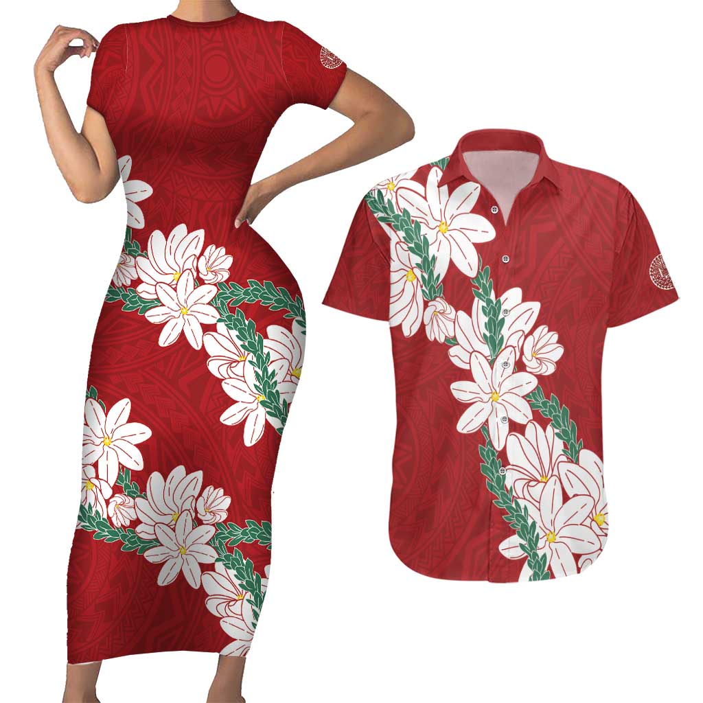 Ia Orana Tahiti Tiare Couples Matching Short Sleeve Bodycon Dress and Hawaiian Shirt Crimson Lei LT7 Red - Polynesian Pride