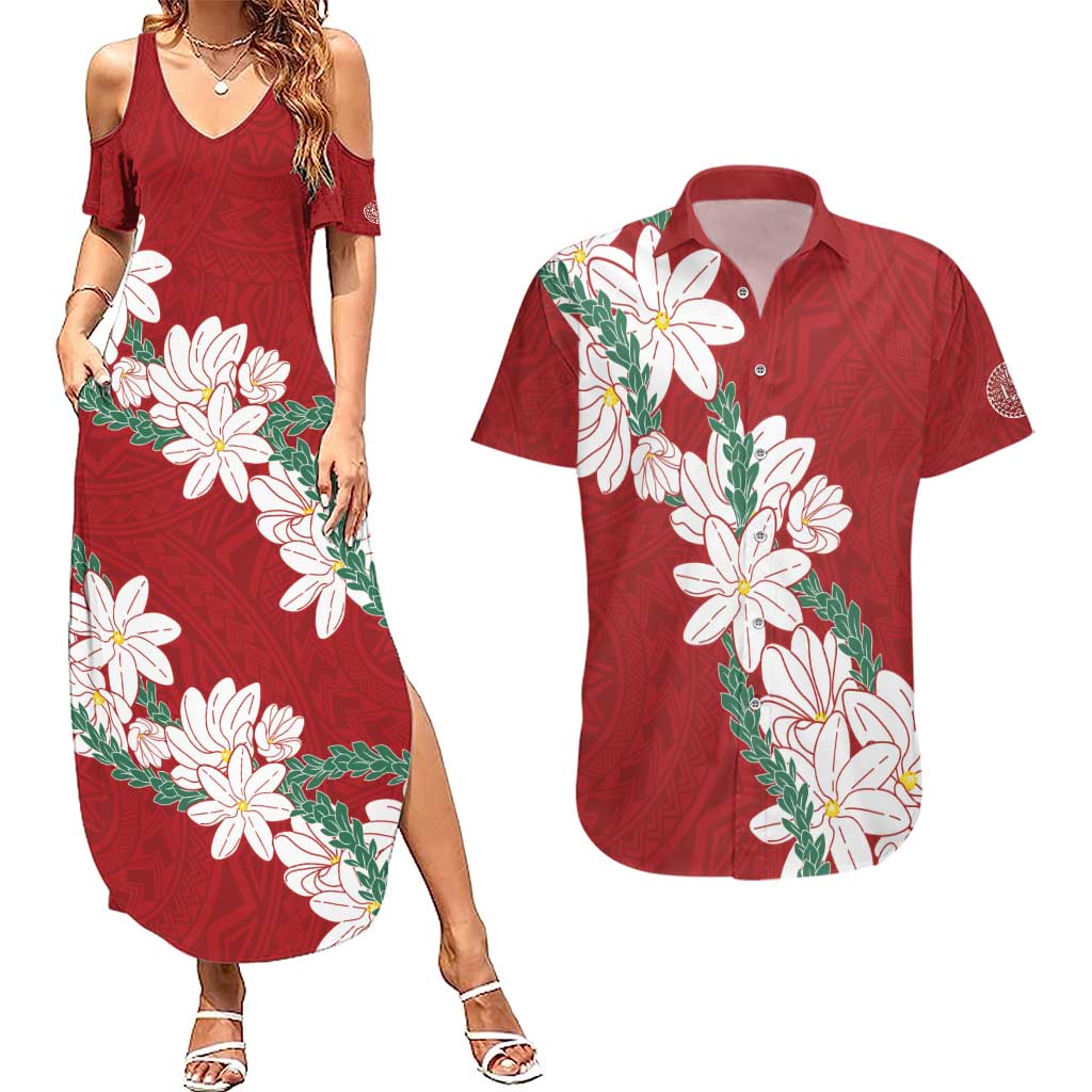 Ia Orana Tahiti Tiare Couples Matching Summer Maxi Dress and Hawaiian Shirt Crimson Lei LT7 Red - Polynesian Pride