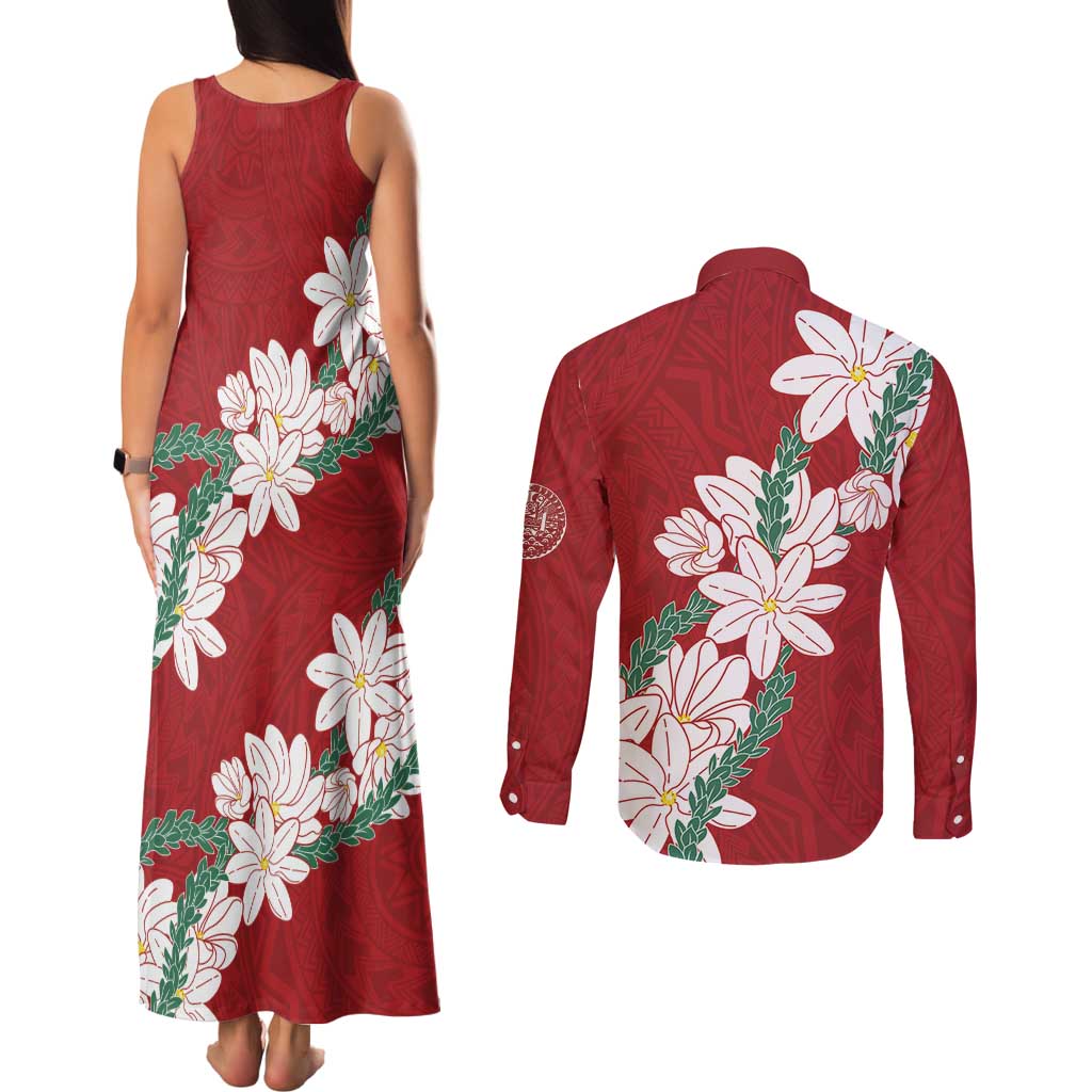 Ia Orana Tahiti Tiare Couples Matching Tank Maxi Dress and Long Sleeve Button Shirt Crimson Lei LT7 - Polynesian Pride
