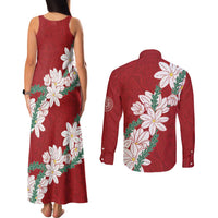 Ia Orana Tahiti Tiare Couples Matching Tank Maxi Dress and Long Sleeve Button Shirt Crimson Lei LT7 - Polynesian Pride