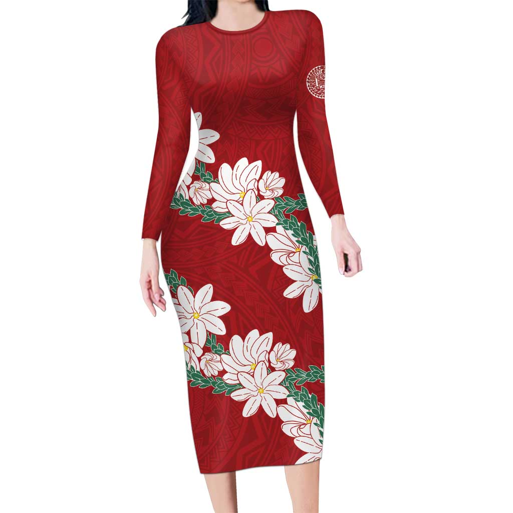 Ia Orana Tahiti Tiare Family Matching Long Sleeve Bodycon Dress and Hawaiian Shirt Crimson Lei LT7 Mom's Dress Red - Polynesian Pride