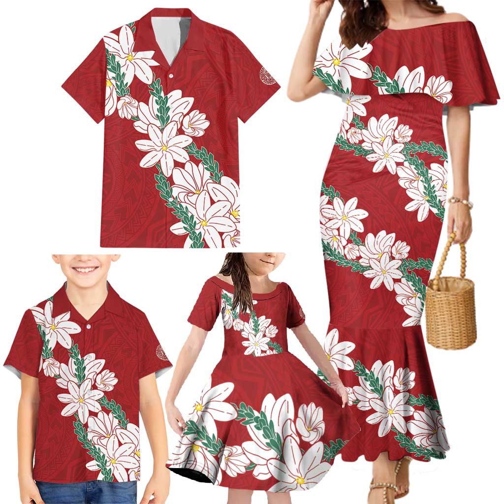 Ia Orana Tahiti Tiare Family Matching Mermaid Dress and Hawaiian Shirt Crimson Lei LT7 - Polynesian Pride