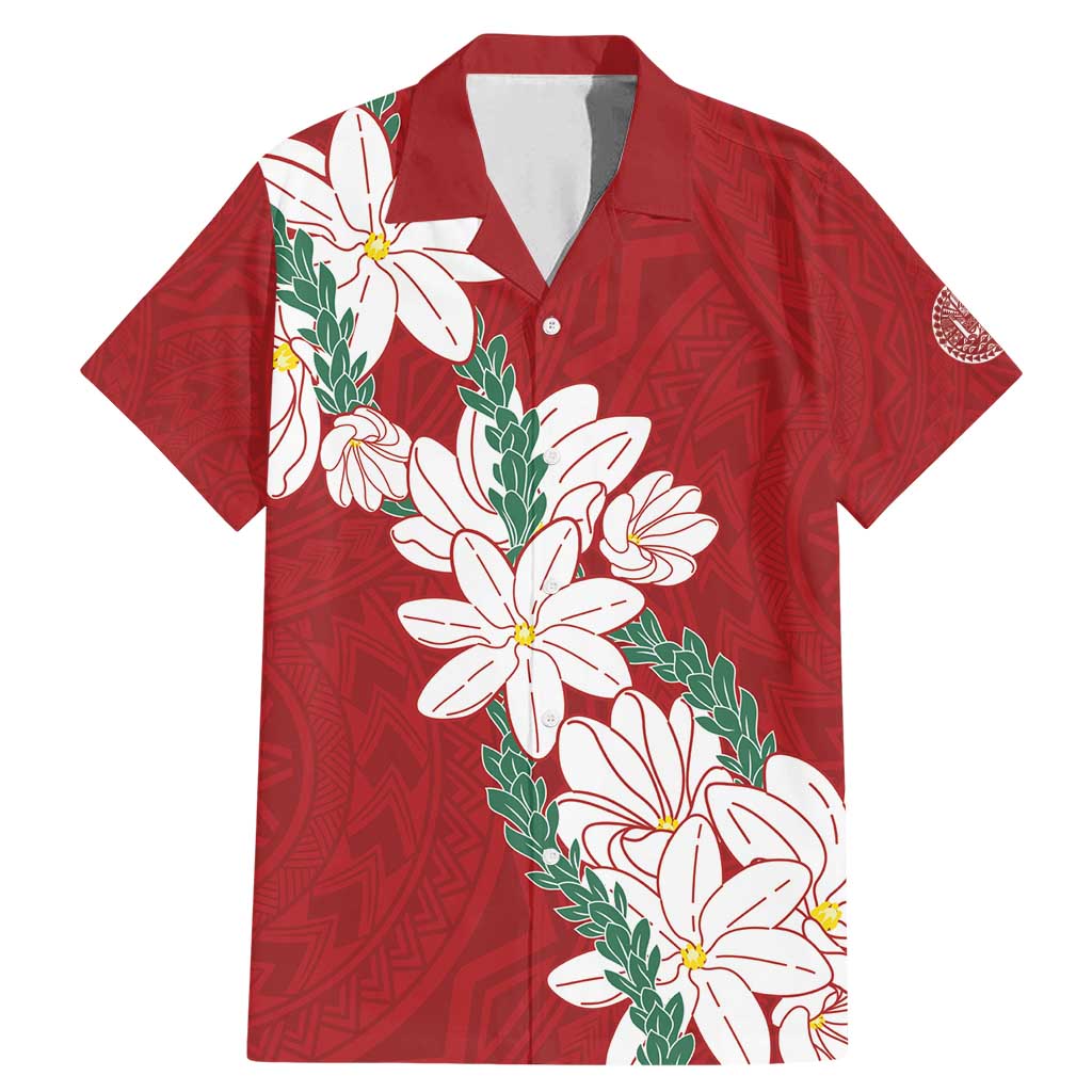 Ia Orana Tahiti Tiare Family Matching Mermaid Dress and Hawaiian Shirt Crimson Lei LT7 Dad's Shirt - Short Sleeve Red - Polynesian Pride