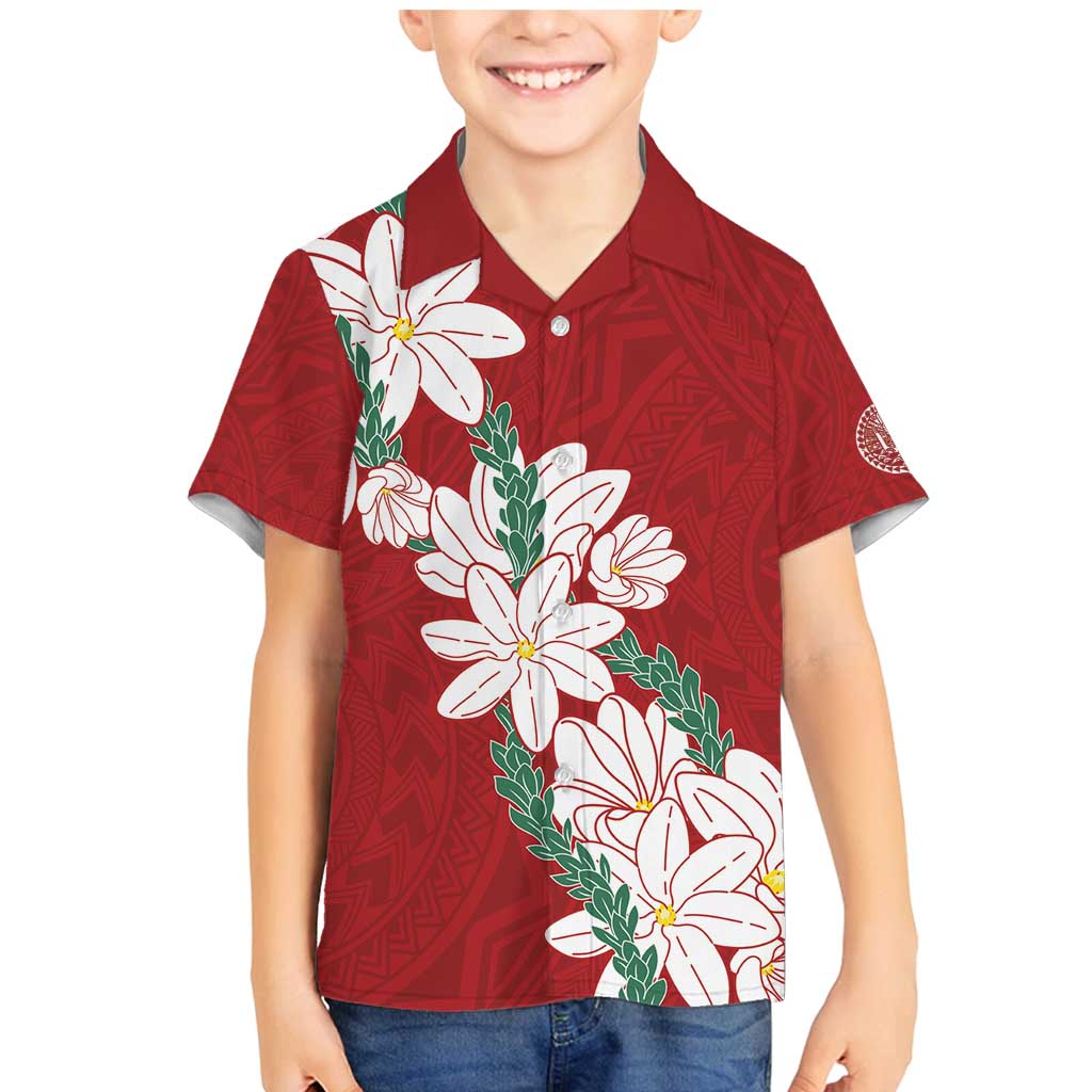 Ia Orana Tahiti Tiare Family Matching Mermaid Dress and Hawaiian Shirt Crimson Lei LT7 Son's Shirt Red - Polynesian Pride