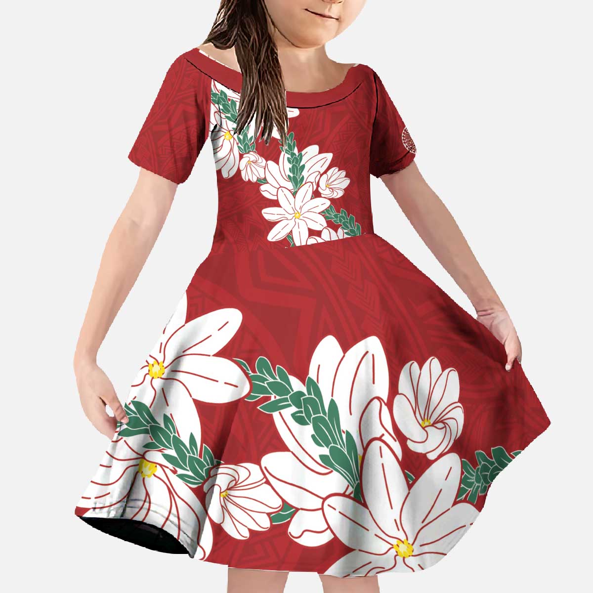 Ia Orana Tahiti Tiare Family Matching Off The Shoulder Long Sleeve Dress and Hawaiian Shirt Crimson Lei LT7 Daughter's Dress Red - Polynesian Pride