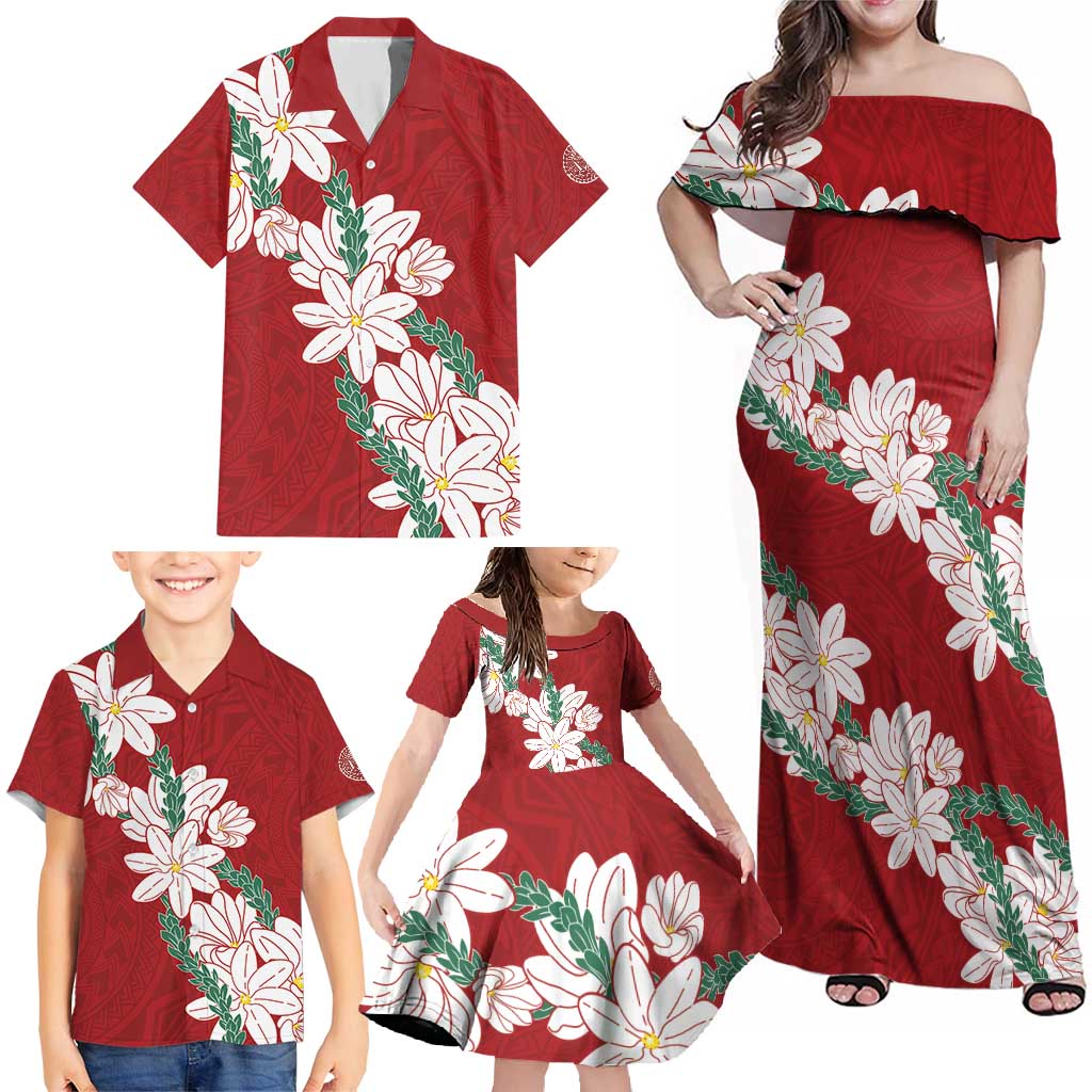 Ia Orana Tahiti Tiare Family Matching Off Shoulder Maxi Dress and Hawaiian Shirt Crimson Lei LT7 - Polynesian Pride