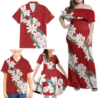Ia Orana Tahiti Tiare Family Matching Off Shoulder Maxi Dress and Hawaiian Shirt Crimson Lei LT7 - Polynesian Pride