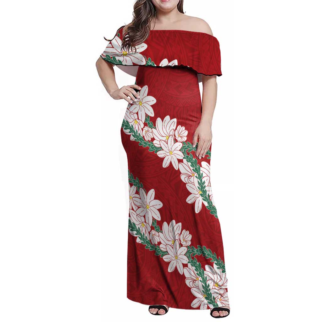 Ia Orana Tahiti Tiare Family Matching Off Shoulder Maxi Dress and Hawaiian Shirt Crimson Lei LT7 Mom's Dress Red - Polynesian Pride