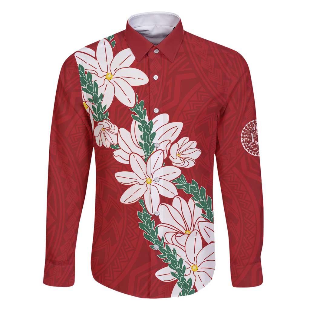 Ia Orana Tahiti Tiare Family Matching Off Shoulder Short Dress and Hawaiian Shirt Crimson Lei LT7 Dad's Shirt - Long Sleeve Red - Polynesian Pride