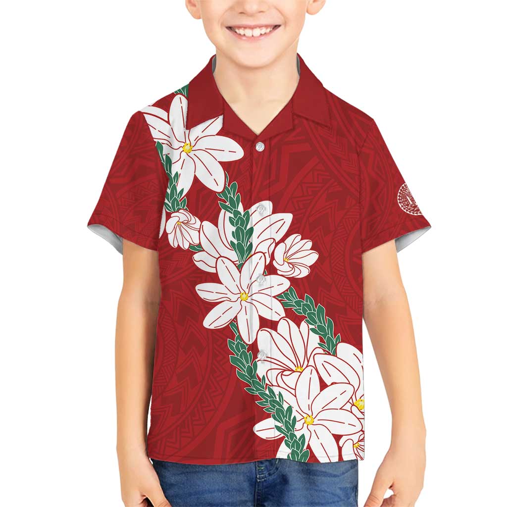 Ia Orana Tahiti Tiare Family Matching Off Shoulder Short Dress and Hawaiian Shirt Crimson Lei LT7 Son's Shirt Red - Polynesian Pride